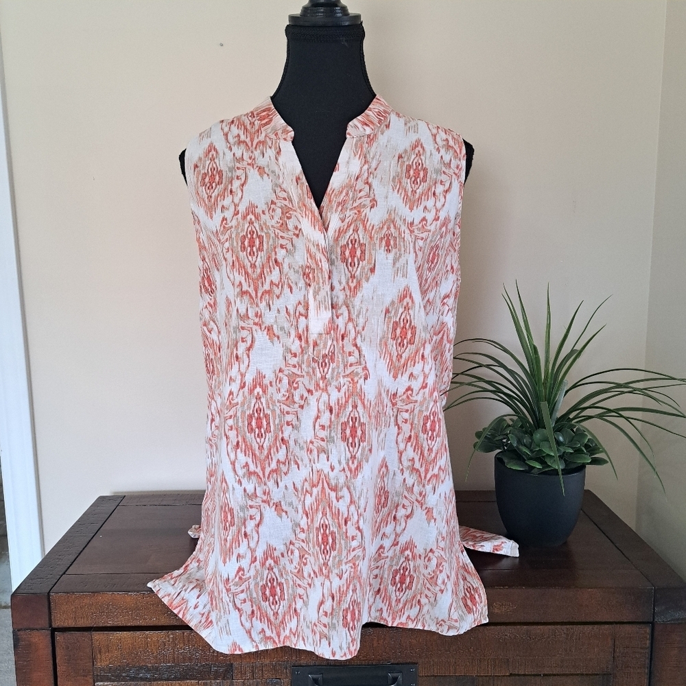 Artisan NY Linen Top Red Cream Pattern Sleeveless Size Medium Lightweight Blouse